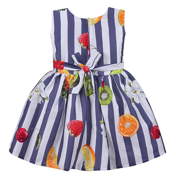 Girls Multicolor Cotton Printed Sleeveless Dress with Bow | Striped Fruit Print Kids Casual Party Dress ctn579