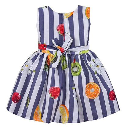 Girls Multicolor Cotton Printed Sleeveless Dress with Bow | Striped Fruit Print Kids Casual Party Dress ctn579