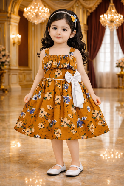 Girls Cotton Floral Printed Party Wear Dress with Bow Detail – Soft & Comfortablectn580