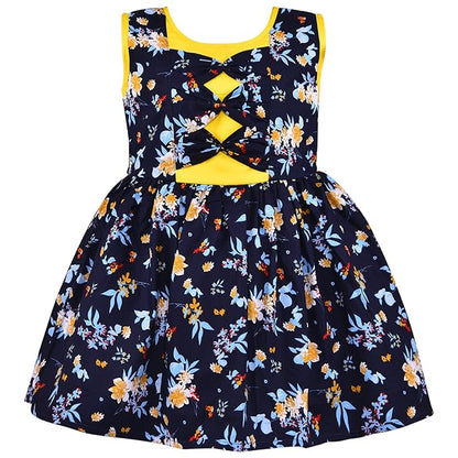 Girls Navy Blue Cotton Floral Printed Sleeveless Dress with Bow Detail | Soft & Breathable Kids Casual Party Dress ctn584