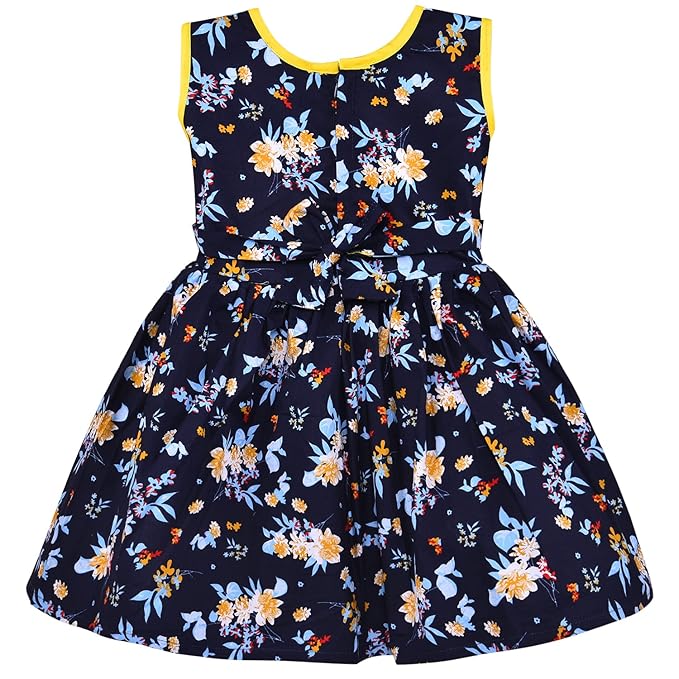 Girls Navy Blue Cotton Floral Printed Sleeveless Dress with Bow Detail | Soft & Breathable Kids Casual Party Dress ctn584
