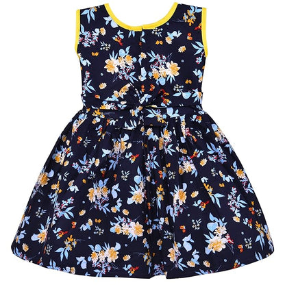 Girls Navy Blue Cotton Floral Printed Sleeveless Dress with Bow Detail | Soft & Breathable Kids Casual Party Dress ctn584