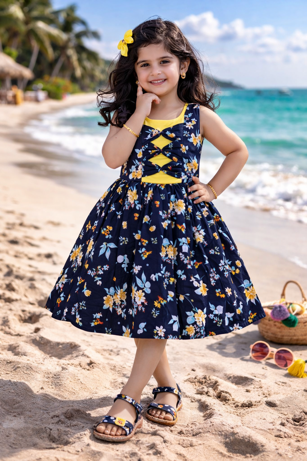 Girls Navy Blue Cotton Floral Printed Sleeveless Dress with Bow Detail | Soft & Breathable Kids Casual Party Dress ctn584
