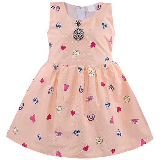 Peach Printed Cotton Sleeveless Girls Dress with Cute Heart & Diamond Pattern ctn589
