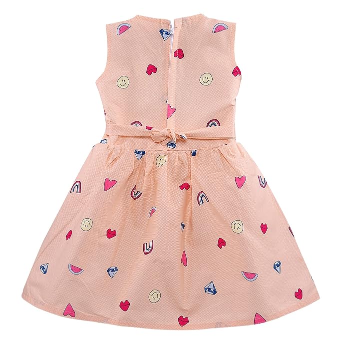 Peach Printed Cotton Sleeveless Girls Dress with Cute Heart & Diamond Pattern ctn589