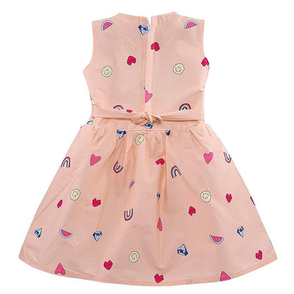 Peach Printed Cotton Sleeveless Girls Dress with Cute Heart & Diamond Pattern ctn589