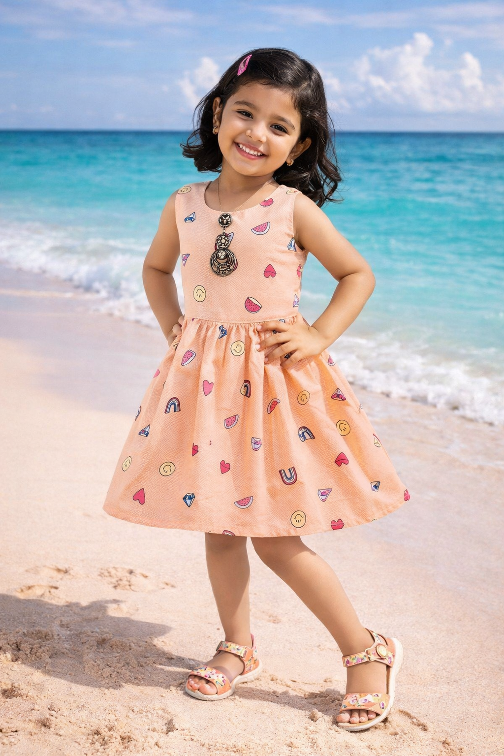 Peach Printed Cotton Sleeveless Girls Dress with Cute Heart & Diamond Pattern ctn589