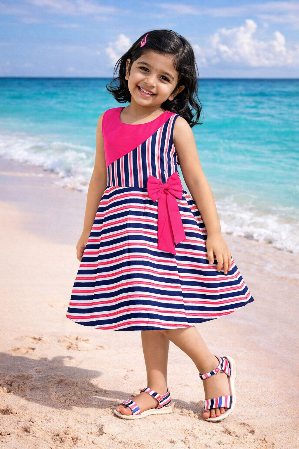 Girls Striped Cotton Sleeveless Dress with Bow Detail ctn595