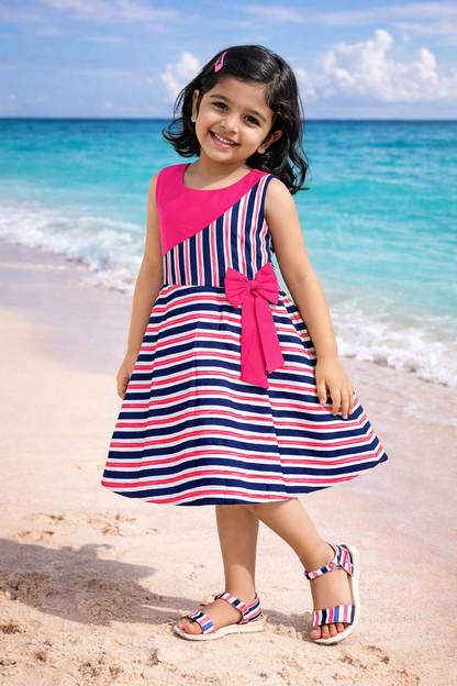 Girls Striped Cotton Sleeveless Dress with Bow Detail ctn595