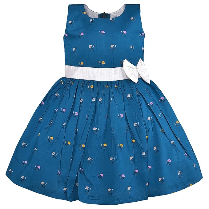 Girls Blue Floral Printed Cotton Sleeveless Dress with White Waist Belt & Bow ctn601