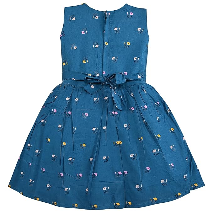 Girls Blue Floral Printed Cotton Sleeveless Dress with White Waist Belt & Bow ctn601