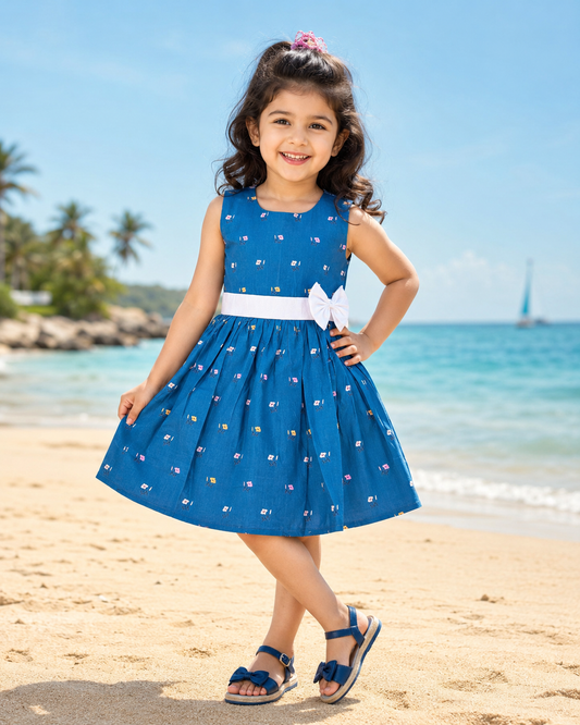 Girls Blue Floral Printed Cotton Sleeveless Dress with White Waist Belt & Bow ctn601