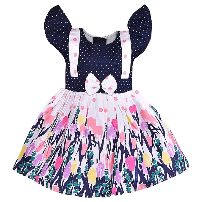 Girls Navy Polka Dot Cotton Flutter Sleeve Dress with Printed Flared Skirt ctn602