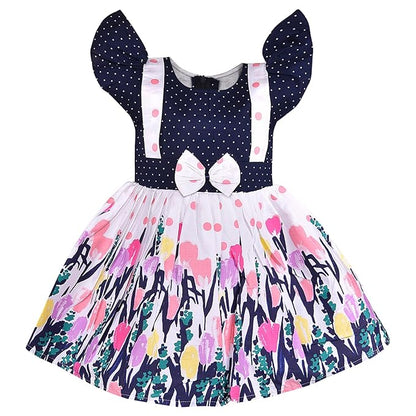 Girls Navy Polka Dot Cotton Flutter Sleeve Dress with Printed Flared Skirt ctn602