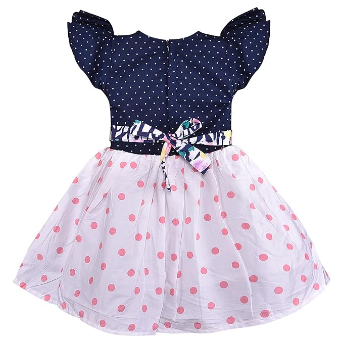Girls Navy Polka Dot Cotton Flutter Sleeve Dress with Printed Flared Skirt ctn602