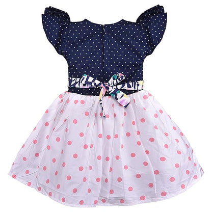 Girls Navy Polka Dot Cotton Flutter Sleeve Dress with Printed Flared Skirt ctn602