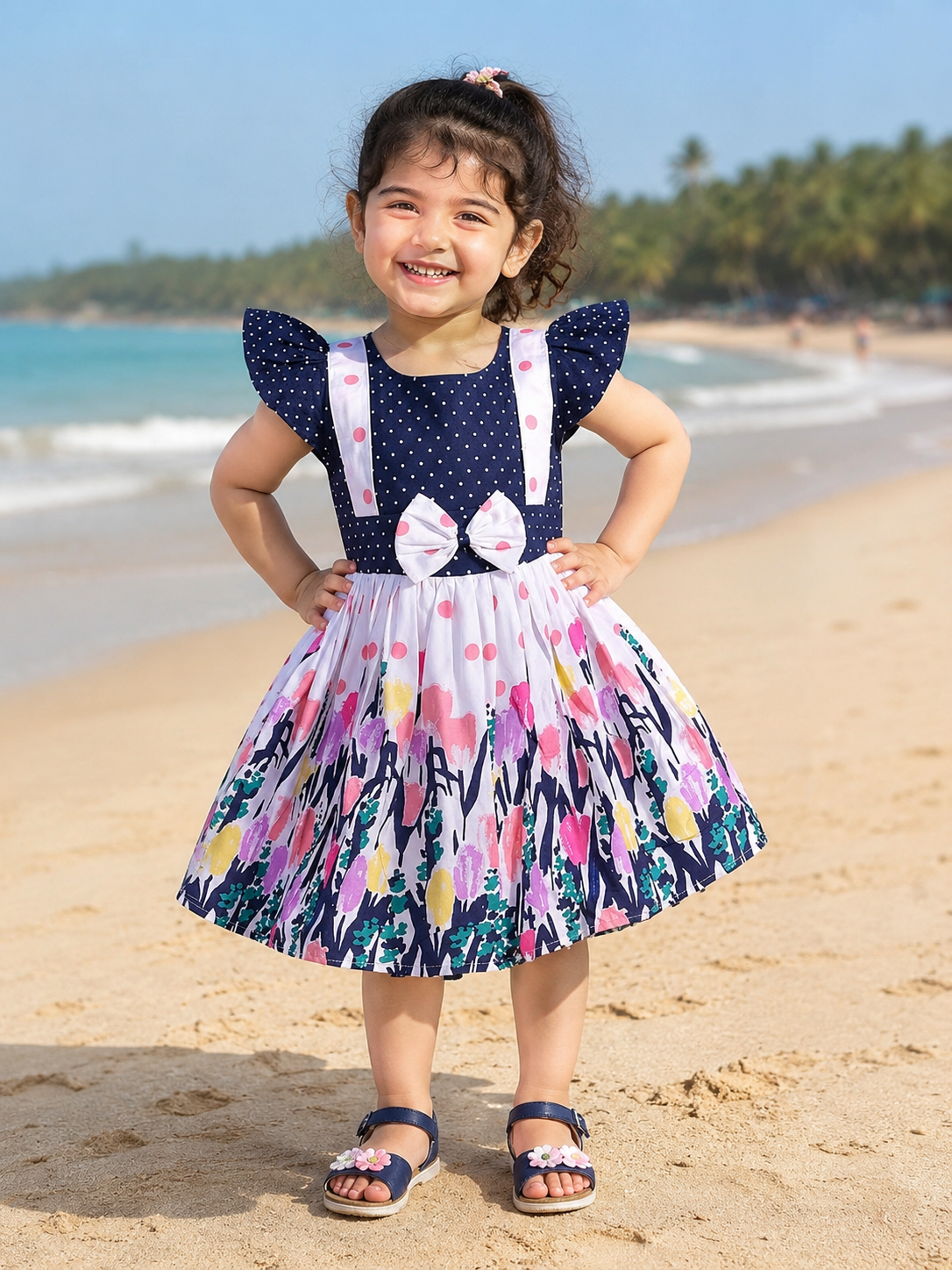 Girls Navy Polka Dot Cotton Flutter Sleeve Dress with Printed Flared Skirt ctn602
