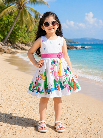 Girls White Jungle Print Cotton Sleeveless Dress with Pink Waist Belt - Wish Karo - photo 1