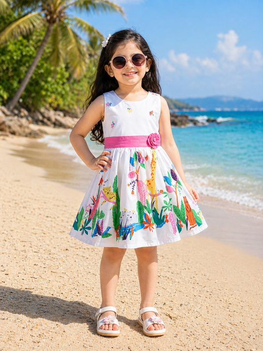 Girls White Jungle Print Cotton Sleeveless Dress with Pink Waist Belt - Wish Karo - photo 1