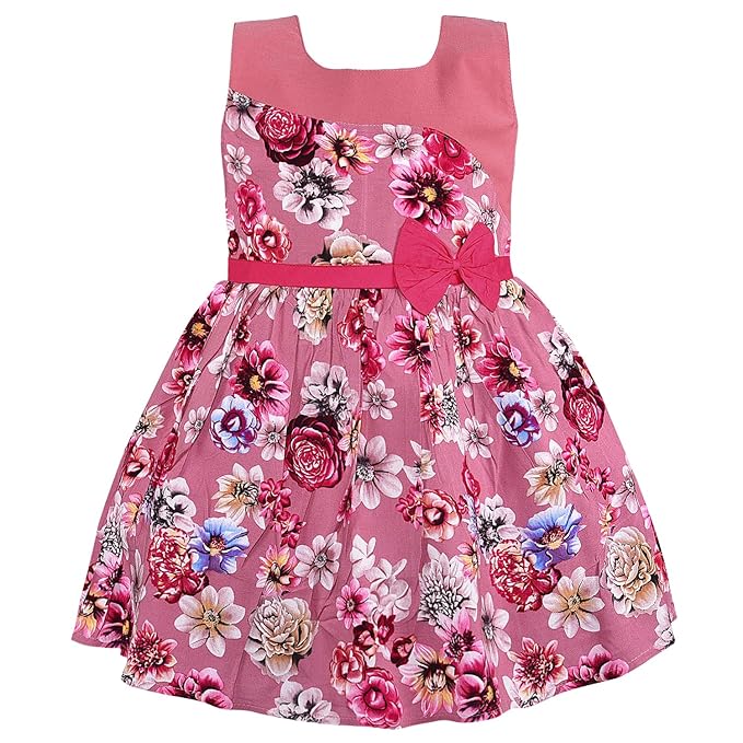 Girls Pink Floral Printed Cotton Sleeveless Dress with Waist Bow Detail ctn617