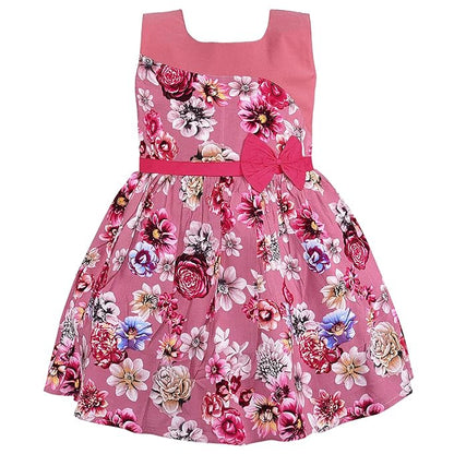 Girls Pink Floral Printed Cotton Sleeveless Dress with Waist Bow Detail ctn617