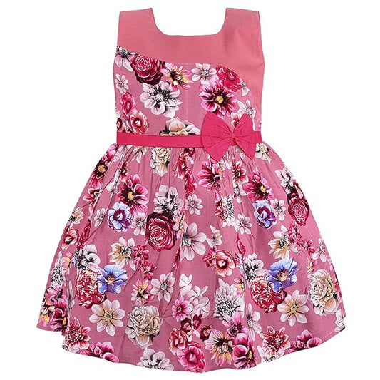 Girls Pink Floral Printed Cotton Sleeveless Dress with Waist Bow Detail - Wish Karo - photo 1