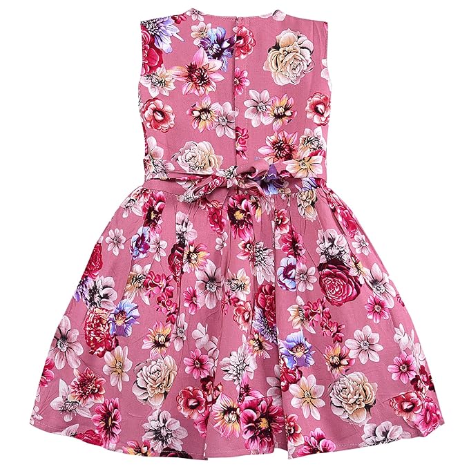 Girls Pink Floral Printed Cotton Sleeveless Dress with Waist Bow Detail ctn617