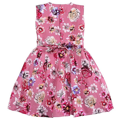 Girls Pink Floral Printed Cotton Sleeveless Dress with Waist Bow Detail ctn617