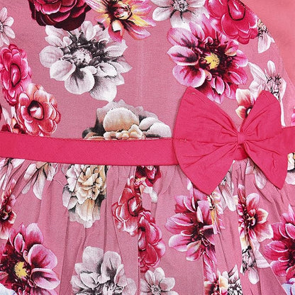 Girls Pink Floral Printed Cotton Sleeveless Dress with Waist Bow Detail ctn617