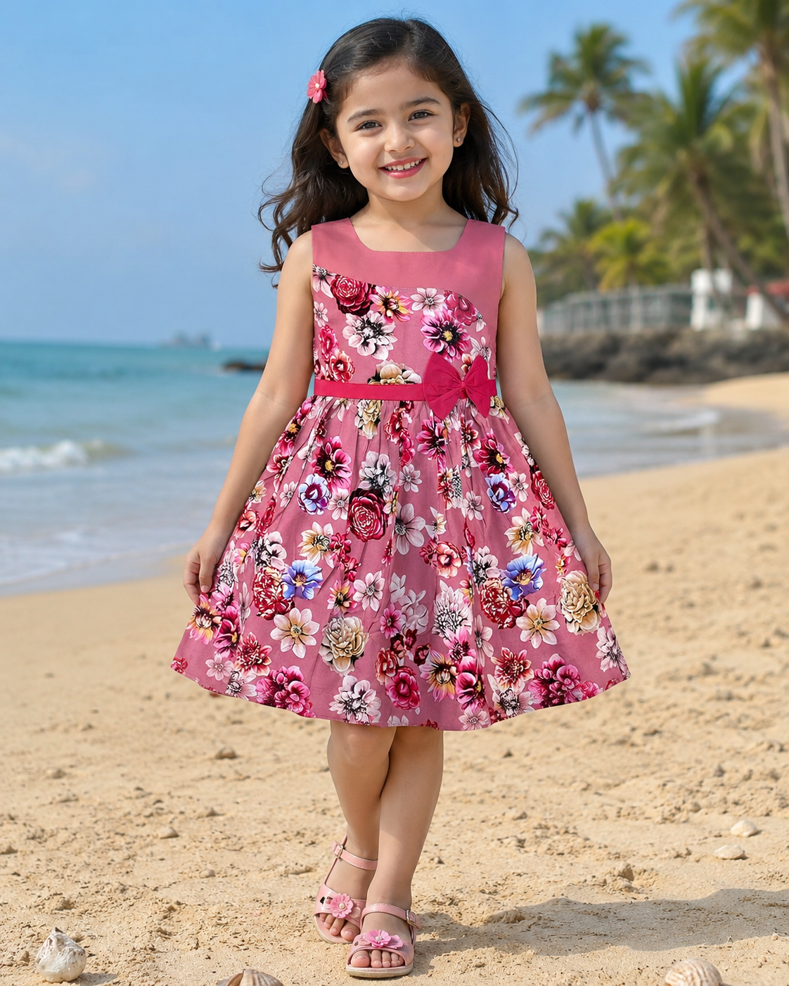 Girls Pink Floral Printed Cotton Sleeveless Dress with Waist Bow Detail ctn617