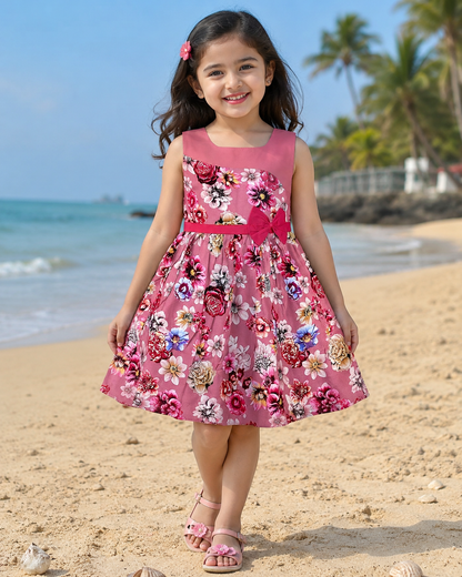 Girls Pink Floral Printed Cotton Sleeveless Dress with Waist Bow Detail ctn617