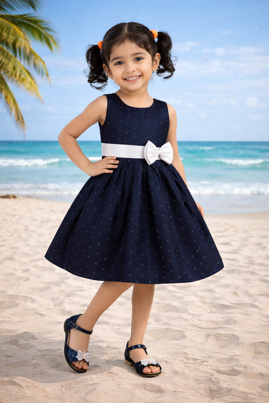 Girls Navy Blue Polka Dot Cotton Sleeveless Dress with White Bow & Waist Belt ctn619