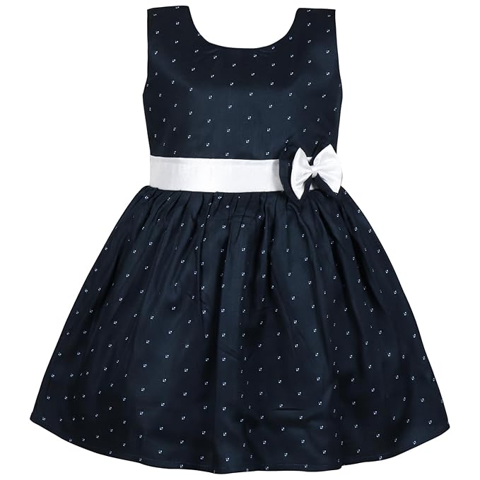 Girls Navy Blue Polka Dot Cotton Sleeveless Dress with White Bow & Waist Belt ctn619