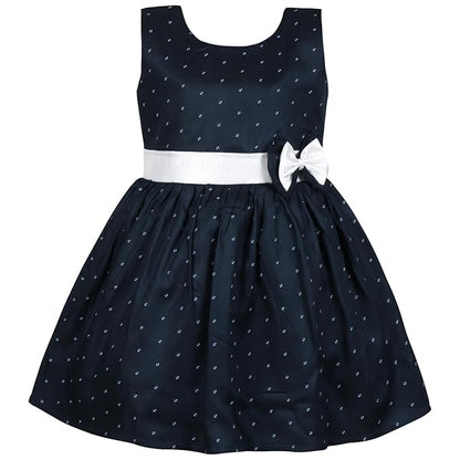 Girls Navy Blue Polka Dot Cotton Sleeveless Dress with White Bow & Waist Belt ctn619