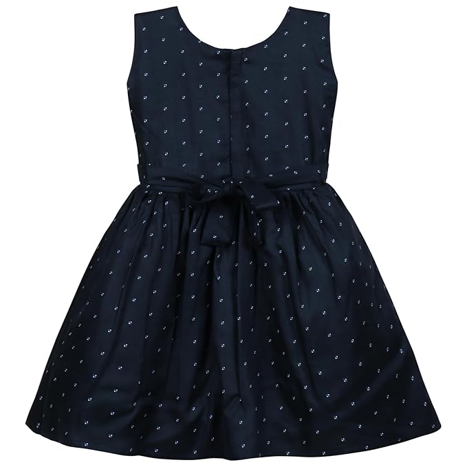Girls Navy Blue Polka Dot Cotton Sleeveless Dress with White Bow & Waist Belt ctn619