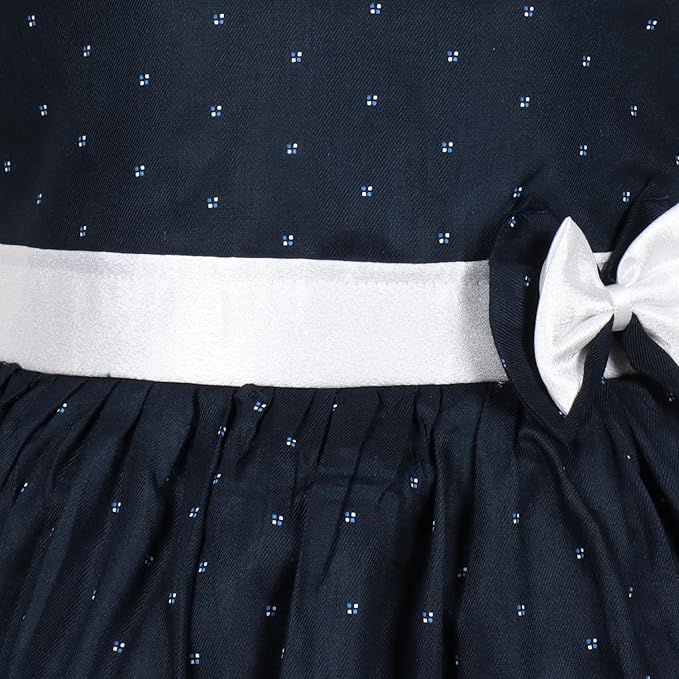 Girls Navy Blue Polka Dot Cotton Sleeveless Dress with White Bow & Waist Belt ctn619