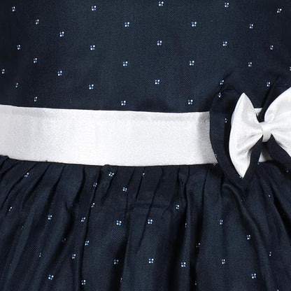 Girls Navy Blue Polka Dot Cotton Sleeveless Dress with White Bow & Waist Belt ctn619
