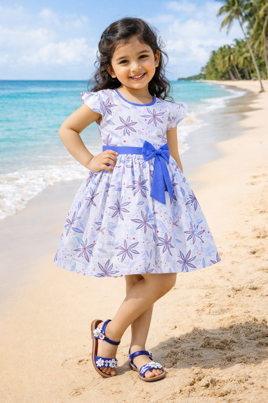 Girls White Floral Cotton Party Dress with Blue Bow – Cute Flutter Sleeve Kids Dress