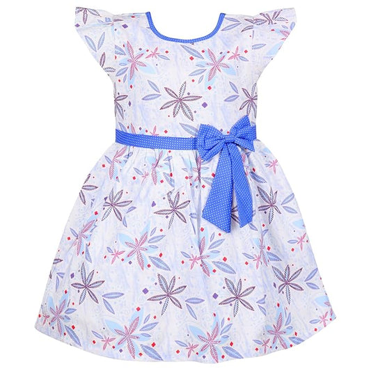 Girls White Floral Cotton Party Dress with Blue Bow – Cute Flutter Sleeve Kids Dress - Wish Karo