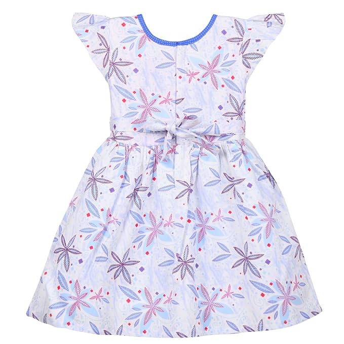 Girls White Floral Cotton Party Dress with Blue Bow – Cute Flutter Sleeve Kids Dress