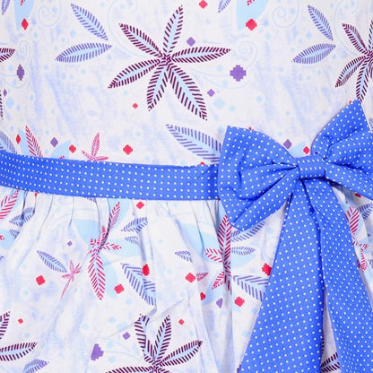 Girls White Floral Cotton Party Dress with Blue Bow – Cute Flutter Sleeve Kids Dress