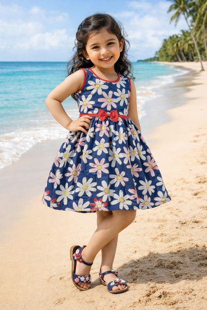 Girls Floral Printed Cotton Sleeveless Dress with Bow