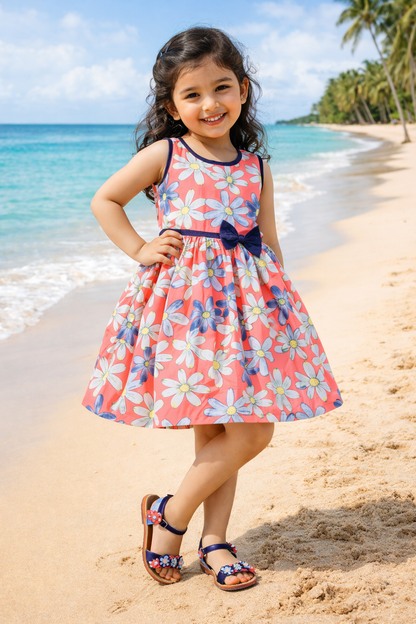 Girls Floral Printed Cotton Sleeveless Dress with Bow