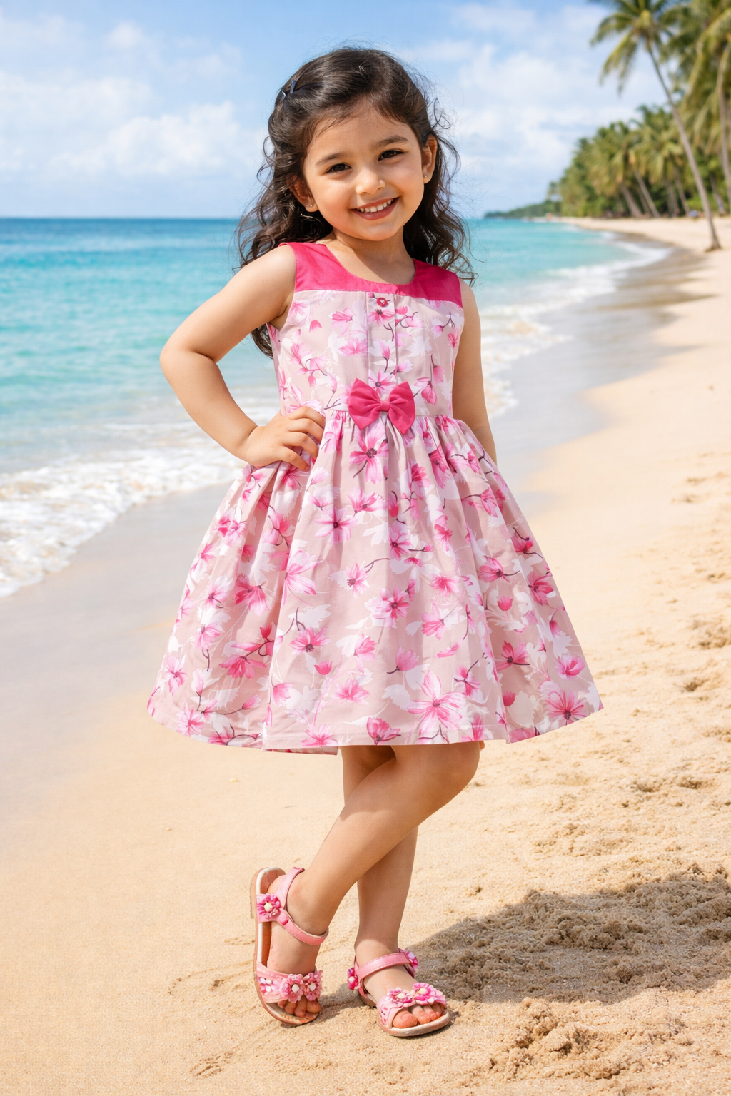 Girls Floral Printed Cotton Sleeveless Party & Casual Frock with Bow Detail ctn622