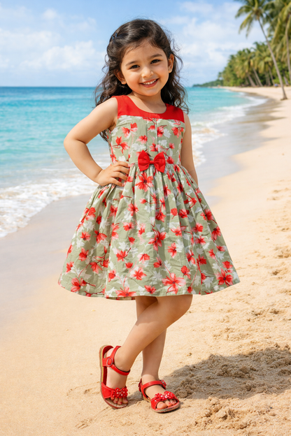 Girls Floral Printed Cotton Sleeveless Party & Casual Frock with Bow Detail ctn622