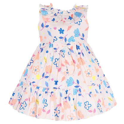 Girls Cotton Multicolor Floral Printed Sleeveless Layered Dress with Ruffle Neck ctn632