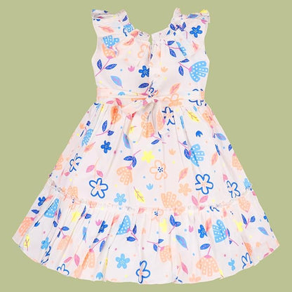 Girls Cotton Multicolor Floral Printed Sleeveless Layered Dress with Ruffle Neck ctn632