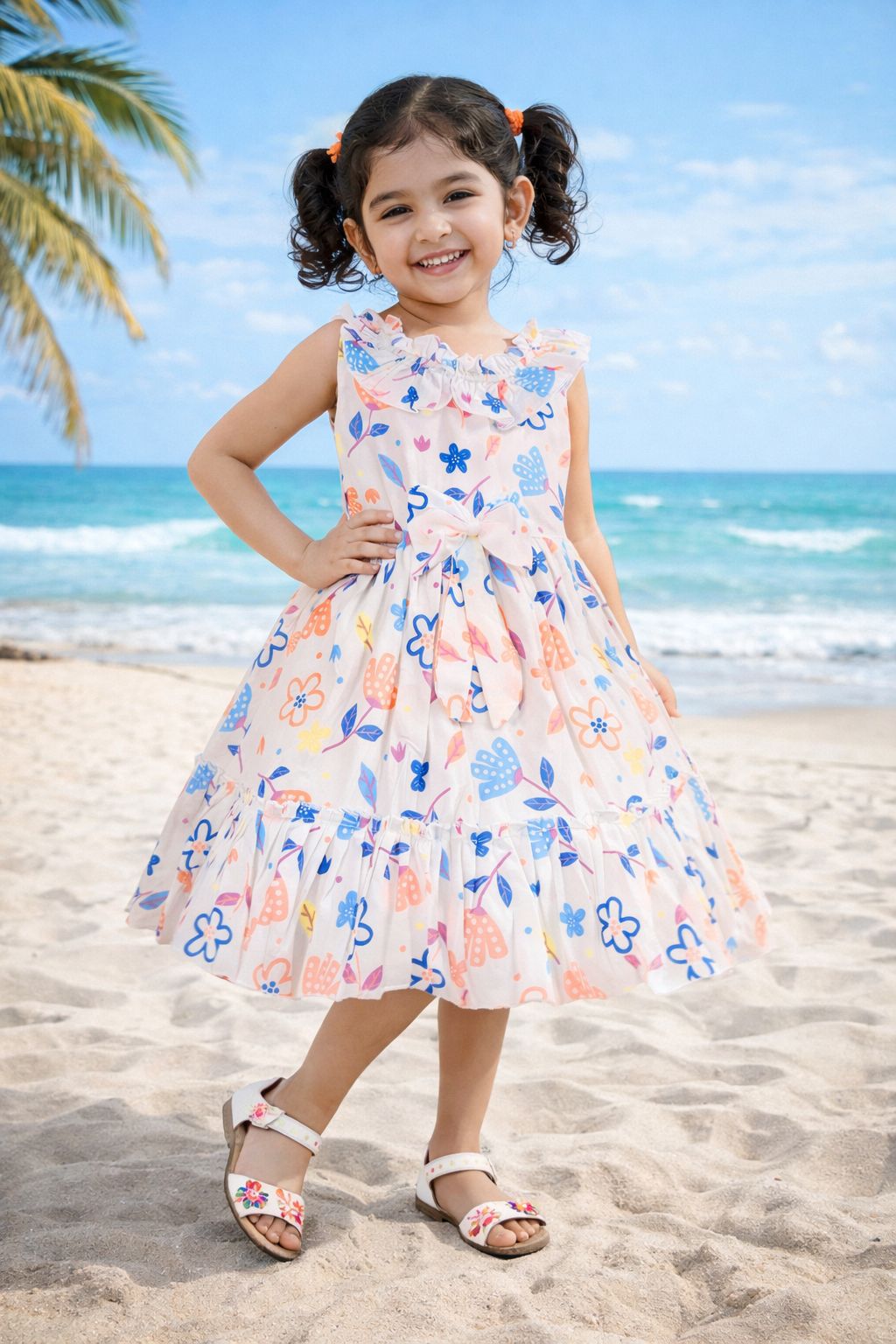 Girls Cotton Multicolor Floral Printed Sleeveless Layered Dress with Ruffle Neck ctn632