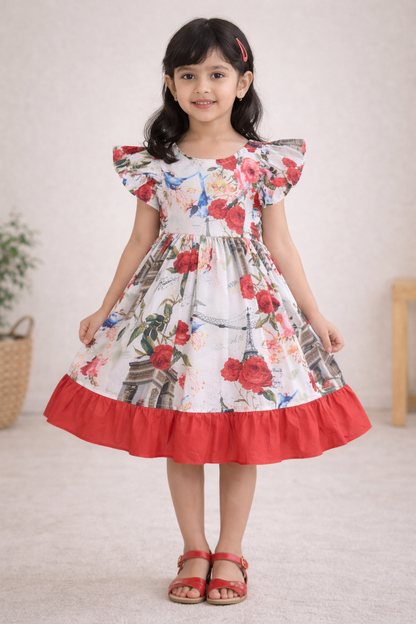 Girls Floral Print Flared Sleeve Fit and Flare Summer Frock ctn647