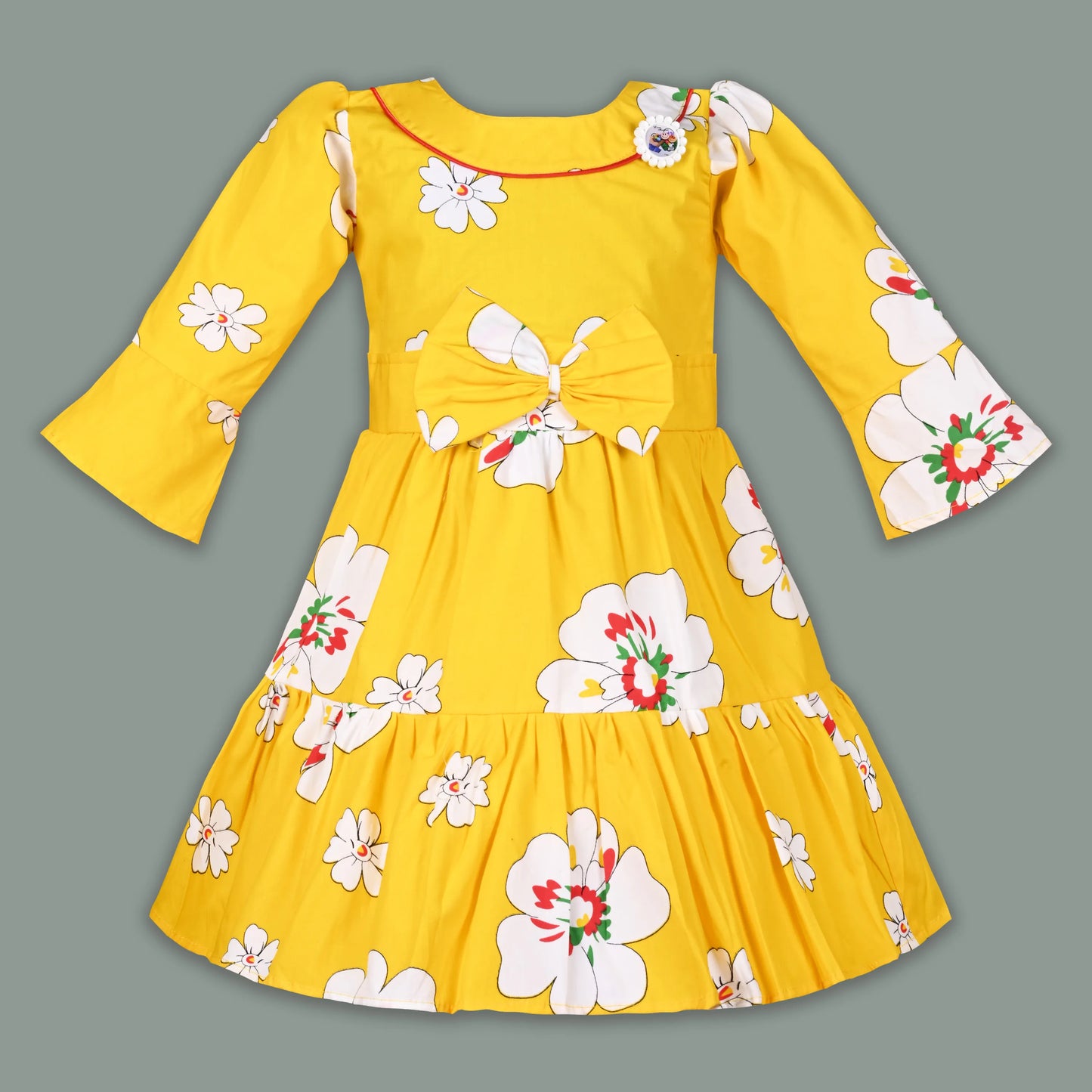Girls Yellow Cotton Floral Dress with Bow Detail & Long Sleeves | Stylish Kids Casual & Party Wear